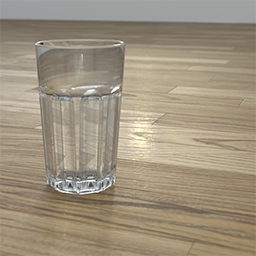 3D rendering of an empty water glass on a wood floor
