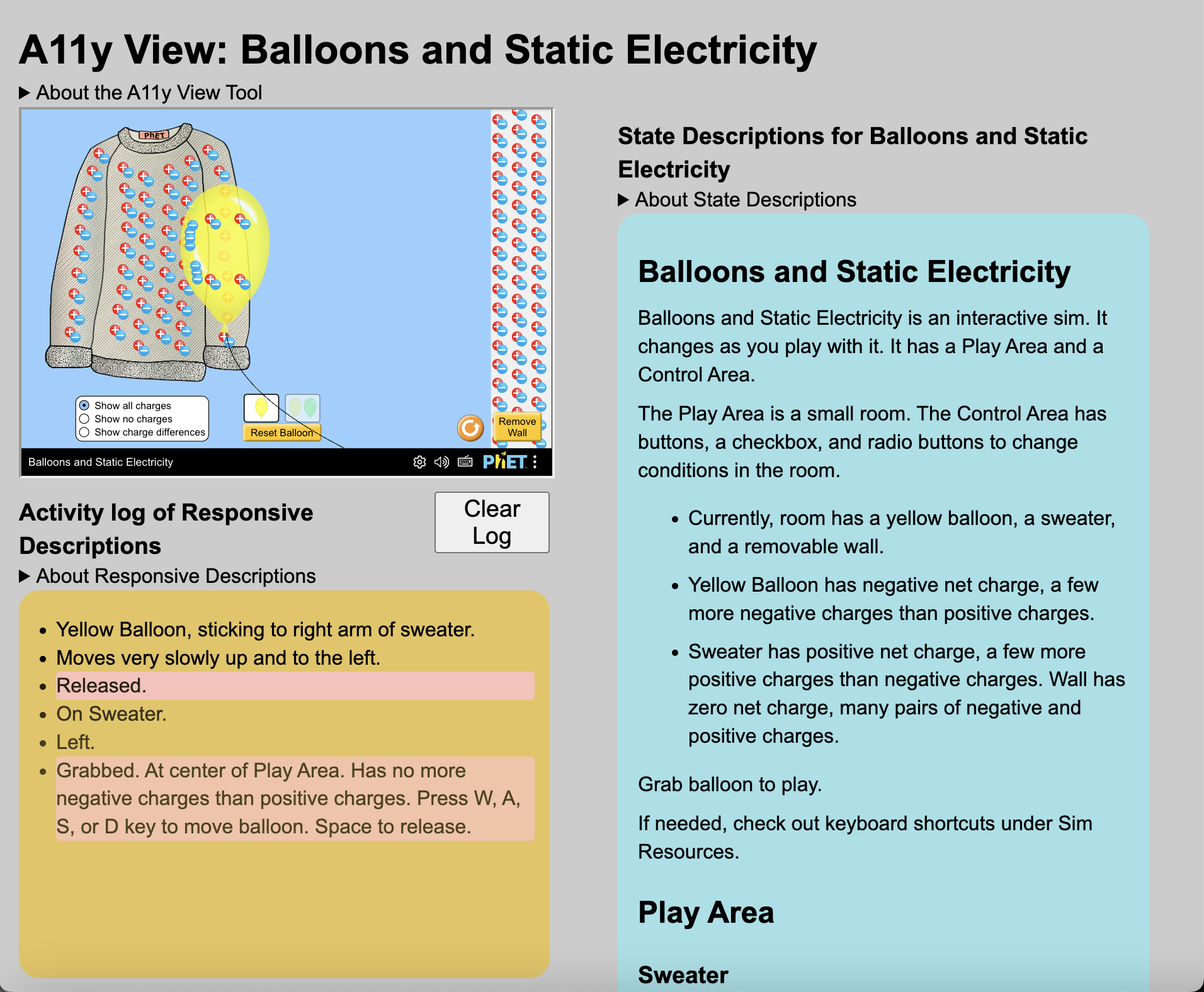 Accessible View of a PhET simulation (simulation on the left, parallel DOM on the right)