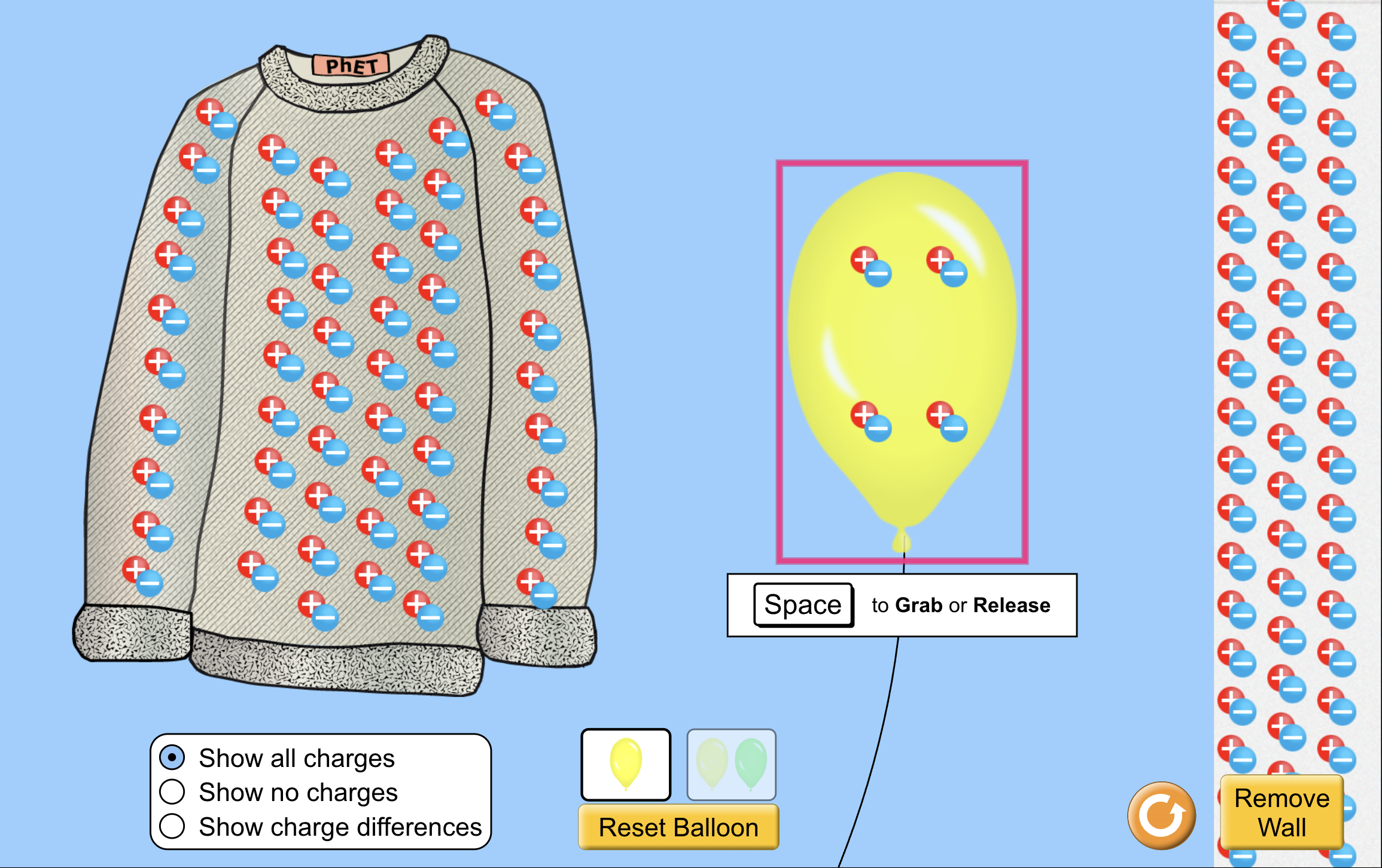 Interactive highlight around a balloon, showing additional controls, in a PhET simulation