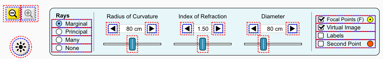 Highlighted expanded touch areas on a PhET simulation control panel