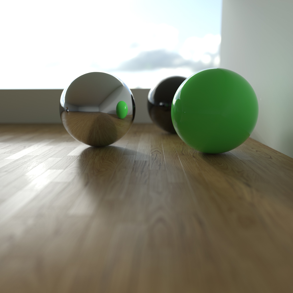 View of spheres of different materials, over a wooden floor